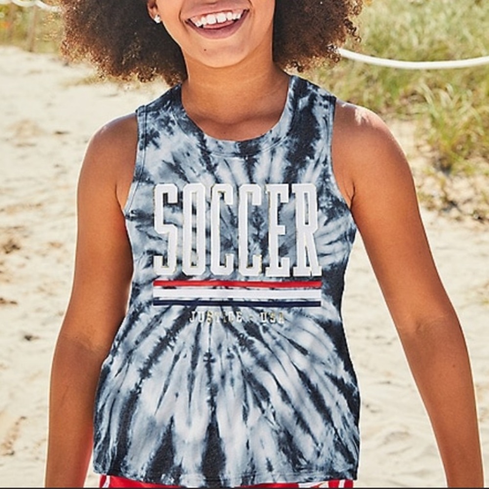 {NWT} Justice Active | Soccer USA Graphic Lightweight Tank Top Blue Tie Dye (12)